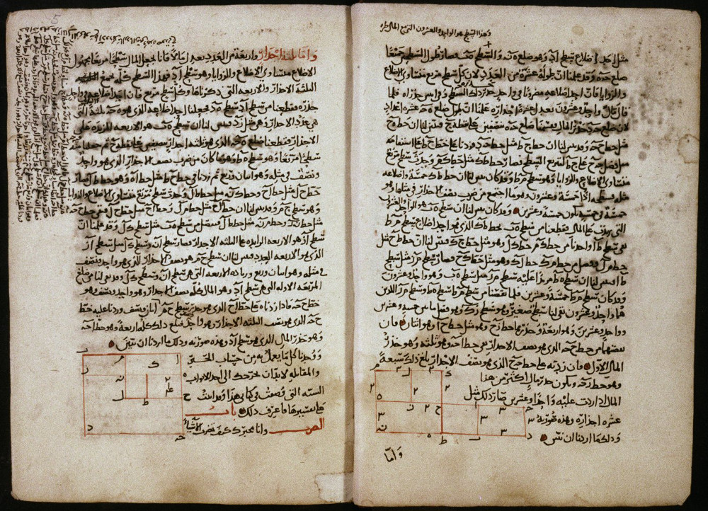 Two facing pages of a handwritten Arabic manuscript, with red geometric diagrams of squares and rectangles at the foot of each page.
