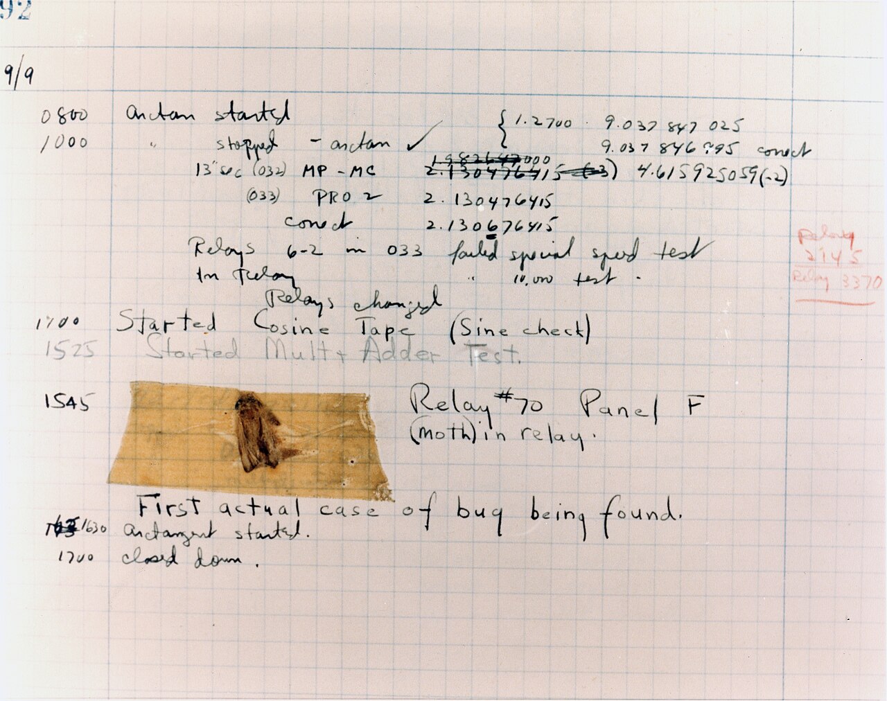 A page from a 1947 engineering log book with a moth taped to it, beside the handwritten note: Relay #70 Panel F (moth) in relay. First actual case of bug being found.