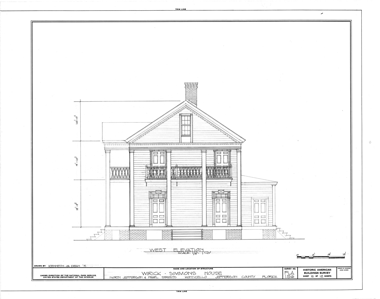 A measured architectural drawing of the west elevation of a two-storey house with four columns, dimension lines down the left side and a scale bar at the foot.