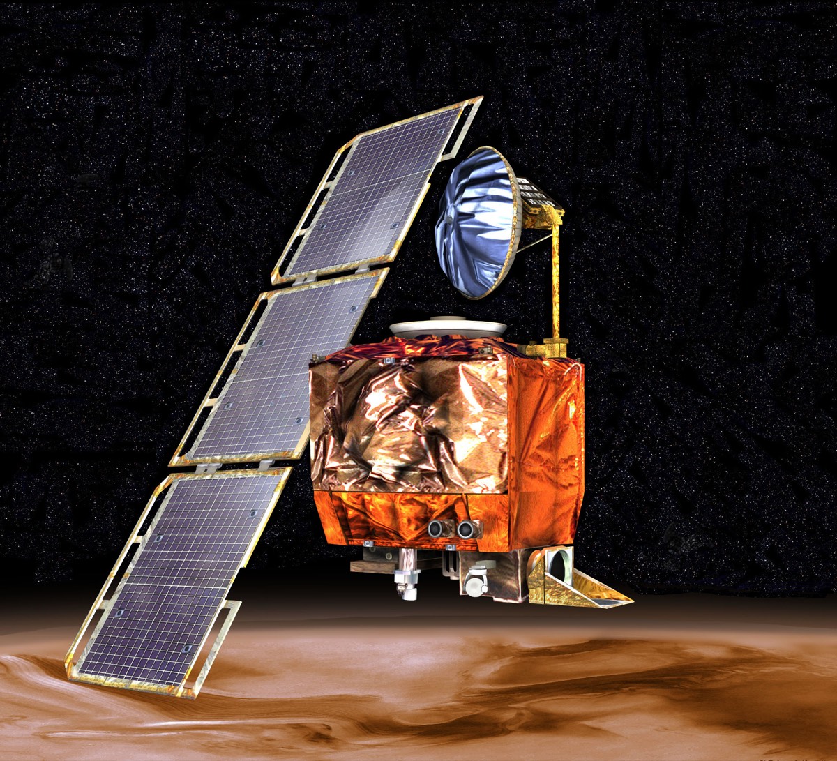 Artist's rendering of a spacecraft with a long solar panel array and a dish antenna, over the orange clouds of Mars.