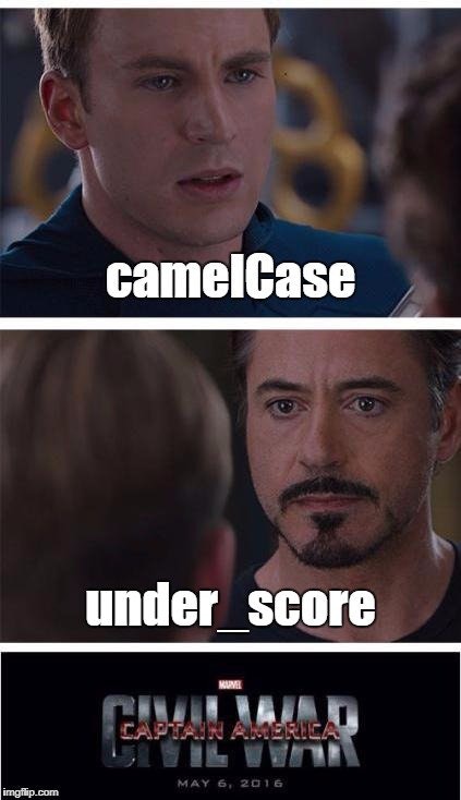 The Captain America: Civil War two-panel meme. Captain America says camelCase; Iron Man says under_score.