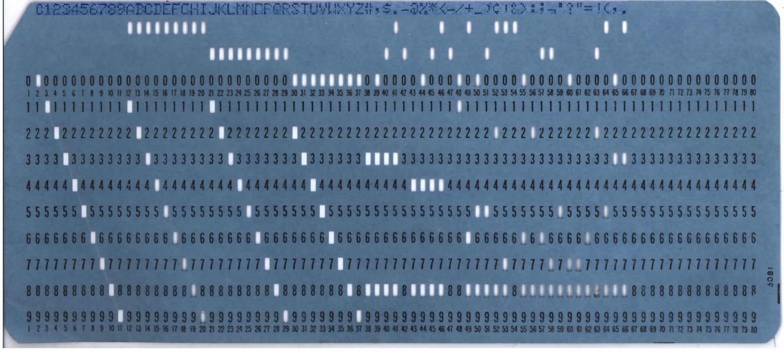 The front of a blue 80-column punched card, its columns numbered along the bottom edge and the encoded characters printed along the top.