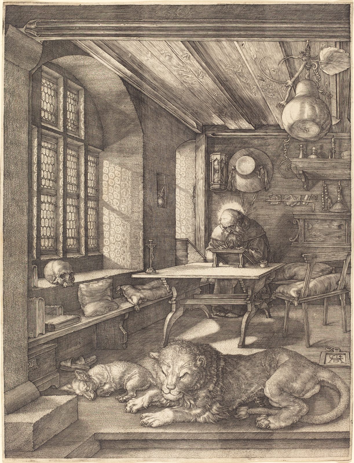 Dürer's engraving of Saint Jerome writing at a desk in a sunlit room. A lion and a dog sleep on the floorboards in the foreground, a skull sits on the window ledge, and an hourglass hangs on the far wall.