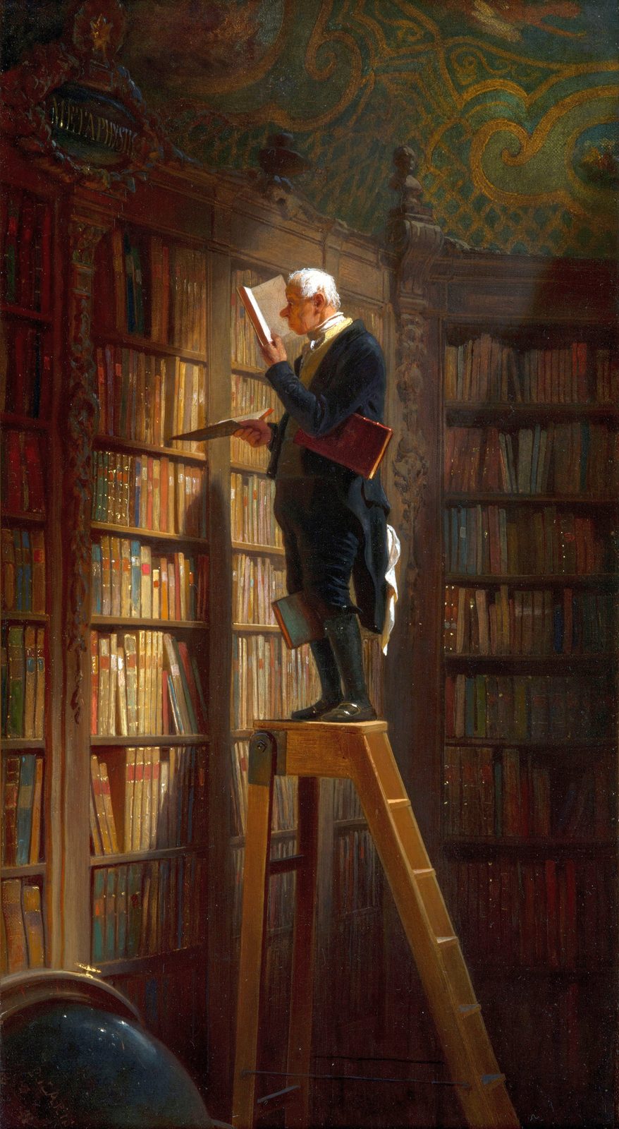 Spitzweg's painting of an old man in a tailcoat standing at the top of a wooden library ladder between floor-to-ceiling shelves. He reads a book held close to his face, holds a second open book in his other hand, has a third pinned under his arm and a fourth clamped between his knees. Light falls on him from above; the shelves around him are dark.